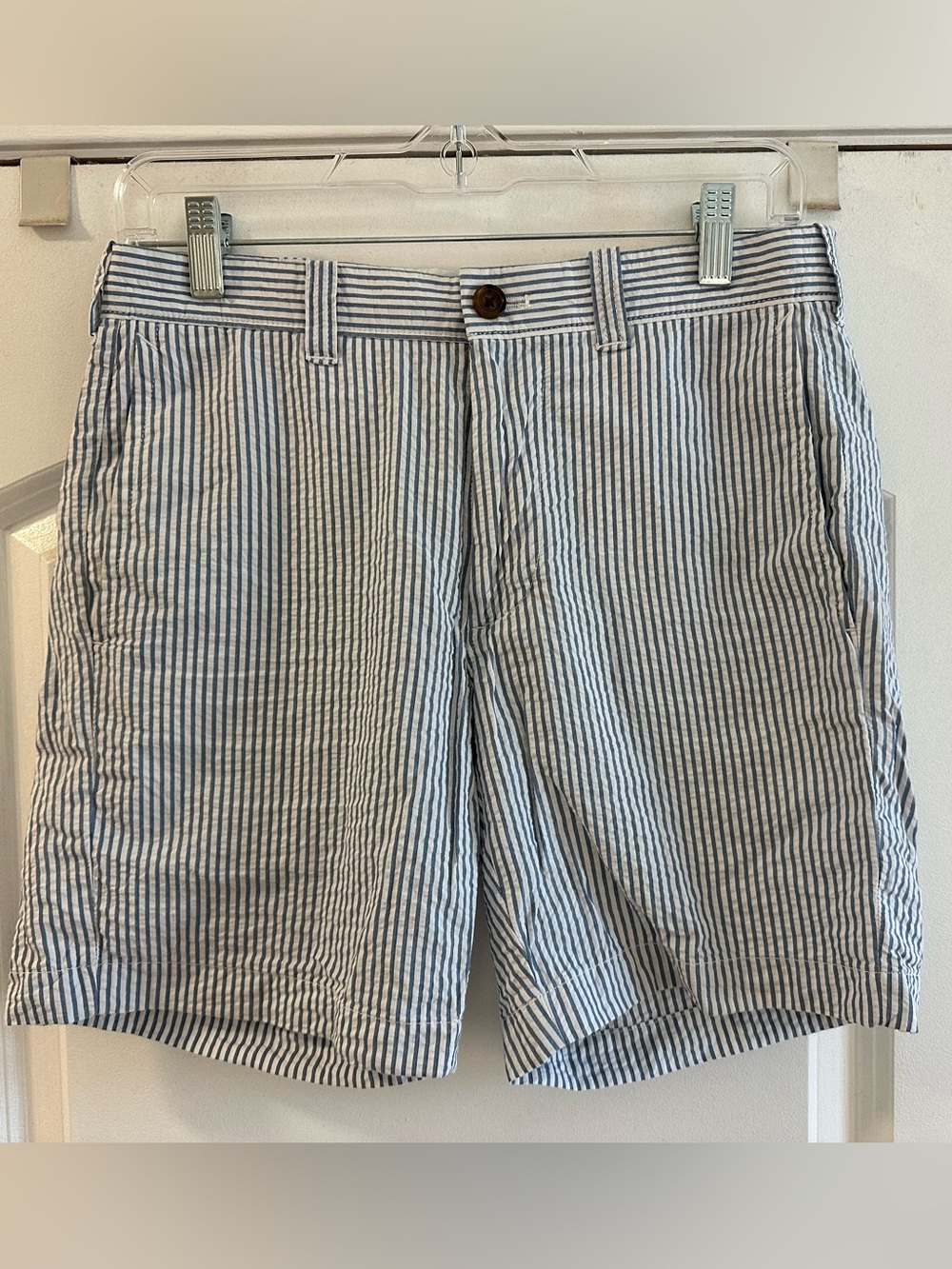 Jcrew blue and white stripe seersucker 7” inseam shorts